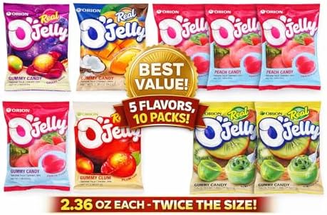 Korean Fruit Jelly Candy Variety Pack – Chewy Gummy Snacks, 5 Flavors (Grape, Plum, Peach, Kiwi, Coco Mango) – Large 2.36 oz Bags (10 PACK)