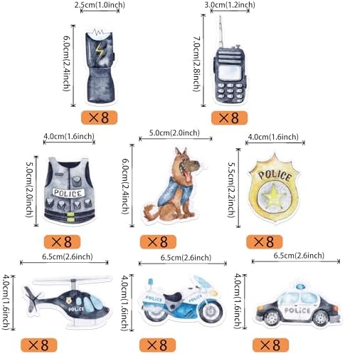 64 Pack Edible Police Cupcake Toppers Wafer Paper Selection Helicopter Car Dog Badge Uniform Gun Cupcake Picks for Police Themed Birthday Party Cake Decoration Supplies