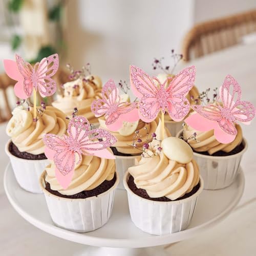 48 Pcs Butterfly Cake Toppers, Butterfly Cake Decorations Double Layer Pink Butterflies Cupcake Toppers 3D Glitter Cupcake Topper Butterflies Cocktail Pick Decoration for Baby Shower Wedding Birthday