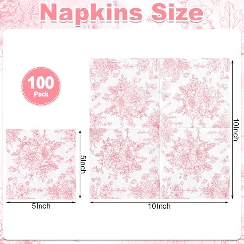100 Pcs Pink Floral Napkins, Easter Napkins Pink and White Toile Cocktail Napkin Vintage Flower Butterfly Design Decoupage Napkin for Mothers Day, Wedding, Bridal Baby Shower, Tea Party