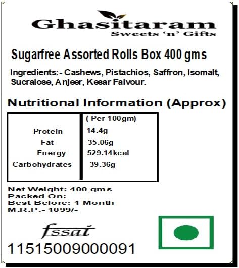 Ghasitaram Gifts Diwali Gifts Sugarfree Sweets - Assorted Rolls Box 800 GMS