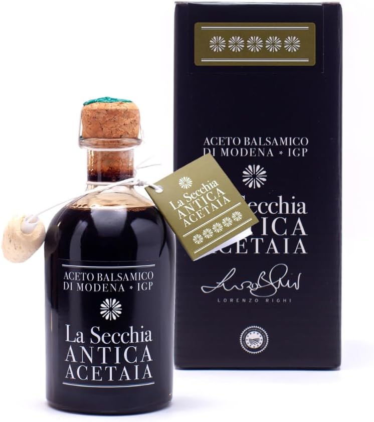 La Secchia - Balsamic Vinegar of Modena PGI "Cinque Stelle", Aged in 20 Barrels of Different Woods, High Density, 250 ml Bottle with Cork Pouring Cap.