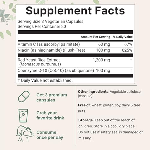 Red Yeast Rice 1,200mg with CoQ10 100mg, 240 Veggie Capsules | 4-in-1 with Flush Free Niacin & Fat Soluble Vitamin C | Cholesterol Support & Heart Health Supplements | Filler Free, Non-GMO, No Gluten