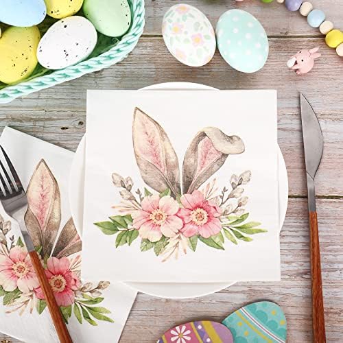 Whaline 20 Pcs Easter Luncheon Napkins Disposable Paper Napkin Decorative Rabbit Bunny Ear Floral Greenery Dessert Dinner Hand Napkin for Spring Home Party Table Supplies Decor