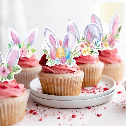 42Pcs Edible Easter Bunny Ear Cupcake Toppers Wafer Paper Happy Easter Cake Picks Easter Theme Birthday Party Spring Kids Cake Decorations