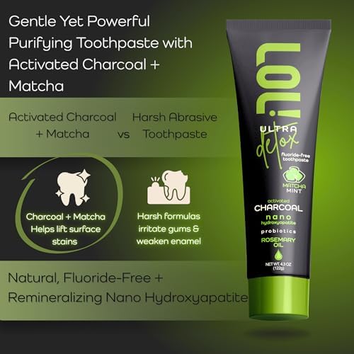 LOL Ultra Detox Matcha Mint, Activated Charcoal Toothpaste Whitening - Nano Hydroxyapatite, Probiotics, Rosemary Oil, Fluoride Free, Tooth Paste - Remineralizing Gum Detoxify Toothpaste, Pasta Dental