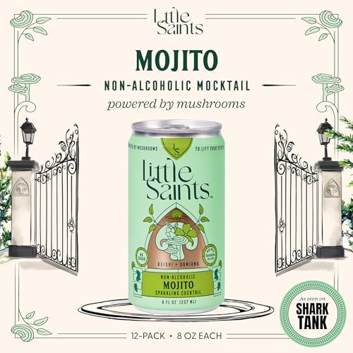 Little Saints Non-Alcoholic Mojito Mocktail | Crisp Mint & Lime | Crafted with Reishi Mushroom, Damiana & Adaptogens for Calm & Ease | 5 Calories | Sugar Free, 12-Pack 8oz Cans
