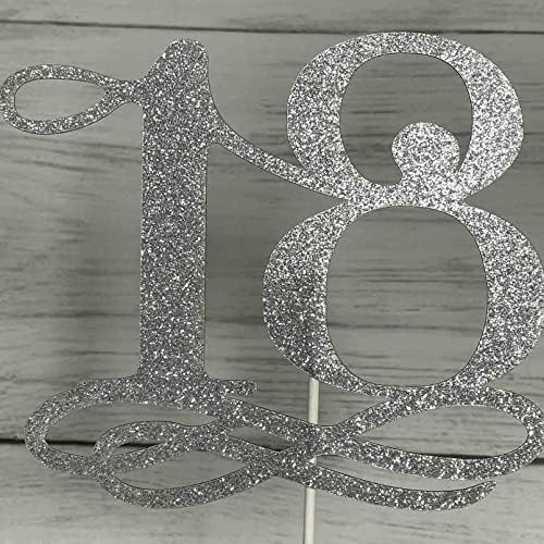 JIEEIN Number 18 Cake Topper - Happy 18th Birthday, Cheers to 18 Years, Hello 18 (Double Sided Silver Glitter)