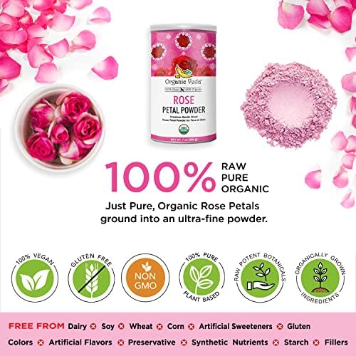 Organic Veda Edible Rose Petal Powder - Rose Petal Powder for Cooking, Herbal Tea, Smoothies, Toppings - Natural Rose powder for DIY Face Masks, Skin & Hair Care - Vegan, No Gluten (7 oz)