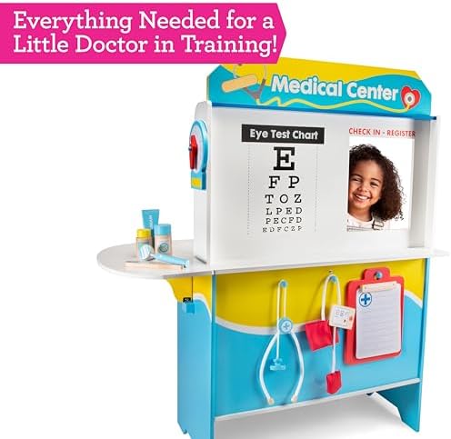 Get Well Doctor Wooden Activity Center- Kids Pretend Play Medical Playset w Waiting Room- 16 Accessories, Dual Sided, Office Checkup Kit w X-Rays, Blood Pressure Cuff- Boys Girls Roleplaying Toy Gift