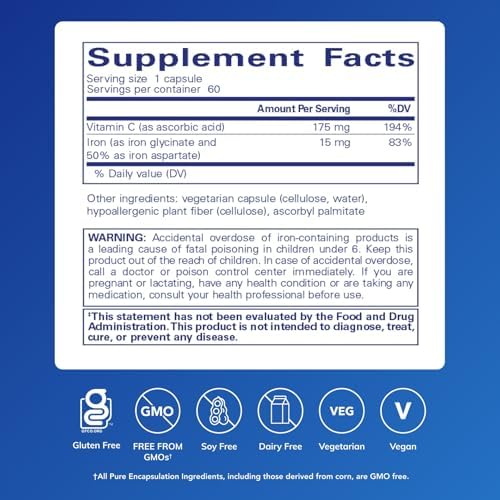 Pure Encapsulations Iron-C - 15 mg - 175 mg Vitamin C - Red Blood Cell Support* - Energy Production - Highly Bioavailable Iron Pill - Gluten Free & Vegan - 60 Capsules
