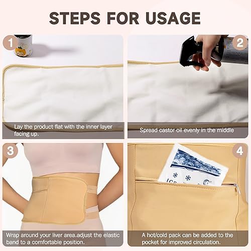 3Pcs Castor Oil Pack Wrap, Reusable Organic Castor Oil Pack for Liver Detox Insomnia, Constipation and Inflammation, Adjustable Elastic Strap Bamboo Cotton Machine Washable, Less Mess Anti Oil Leak