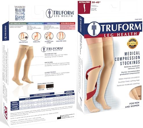 Truform 30-40 mmHg Compression Stockings for Men and Women, Thigh High Length, Dot-Top, Closed Toe, Black, Large