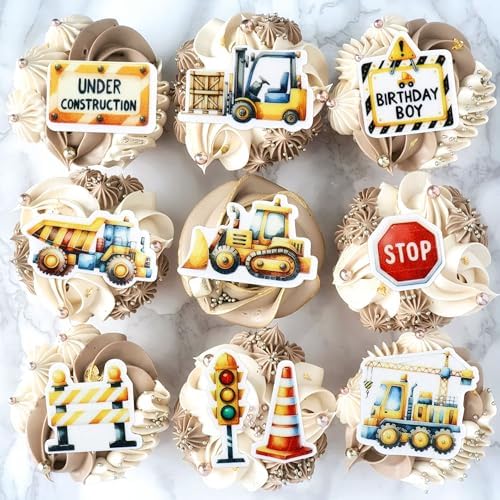 44PCS Edible Construction Cupcake Toppers Under Construction Stop Sign Traffic Light Dump Truck Excavator Tractor Cupcake Picks for Construction's Theme Baby Shower Boys Birthday Party Decors