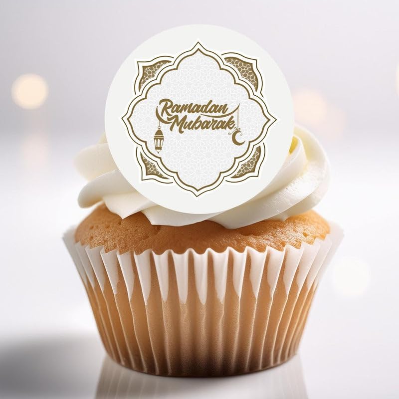 Ramadan Mubarak Edible Cupcake Toppers | PRECUT Gold Islamic Cake Decorations