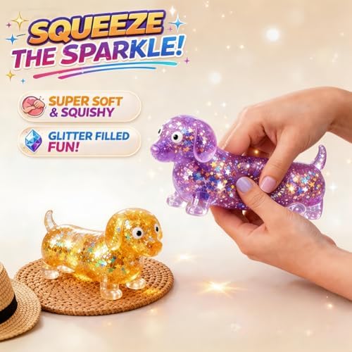 Dachshund Squishy , Glitter Face Wiener Dog Dachshund Squishy Stress Toy, Squeeze Relief for Adults (Orange)