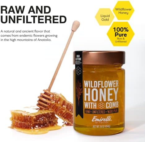 Emirelli Raw Wildflower Honey With Comb, 100% Pure Unfiltered Honey, All-Natural Honeycomb, No Additives, No Preservatives, Fresh, Cooking, Spreading, Baking Sweet & Healthy Food, Glass Jar - 16oz