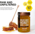 Emirelli Raw Wildflower Honey With Comb, 100% Pure Unfiltered Honey, All-Natural Honeycomb, No Additives, No Preservatives, Fresh, Cooking, Spreading, Baking Sweet & Healthy Food, Glass Jar - 16oz