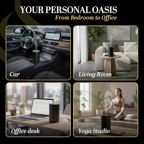 Waterless Essential Oil Diffuser, battery-operated cordless aromatherapy diffuser with timer & 3 mist levels. For car, home, office, yoga studio, nursery, bedrooms, and pet areas. Black aluminum alloy