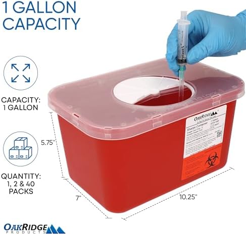 Oakridge Products Large Sharps Container for Home Use and Professional 1 Gallon (2-Pack), Biohazard Needle and Syringe Disposal, Rotating Lid, CDC Certified