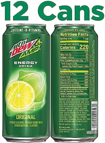 Mtn Dew AMP Energy, Original, Energy Drink with Caffeine, B Vitamins, 16 fl oz cans (12 Pack), Packaging May Vary