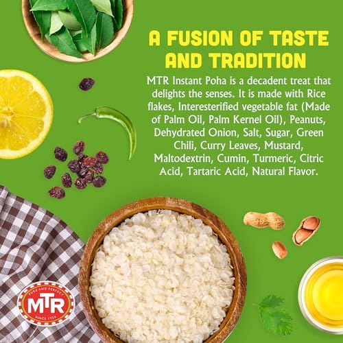 MTR 3minute Poha - Ready-to-Cook Mix - Authentic Indian Food in Just 3 Minutes - 100% Vegetarian - No Added Preservatives - Just Add Hot Water - Quick & Easy ((Regular Poha Cuppa - 80g, Pack of 6)