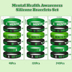 WATINC Mental Health Awareness Silicone Wristbands Set, Mental Health Hope Green Ribbons Rubber Label Bracelets, Motivational Rubber Bracelet with Inspirational Message for Men Teens (240Pcs)