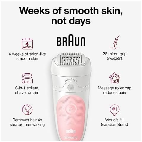 Braun Epilator Silk-épil 5 5-620, Hair Removal Device, Epilator for Women, Shaver & Trimmer, Cordless, Rechargeable, Wet & Dry, 6 Piece Set, Holiday Gifts for Women