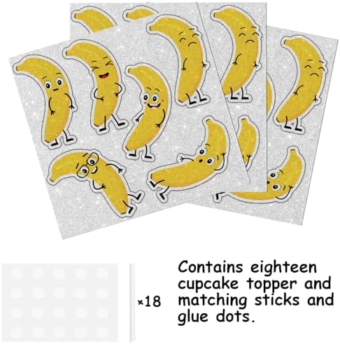 18pcs Yellow Glitter Cute Banana Dessert Cupcake Topper Pick for Funny Fruit Theme Decor Supplies Baby Shower Men Women Boys Girls Happy Birthday Party Decorations