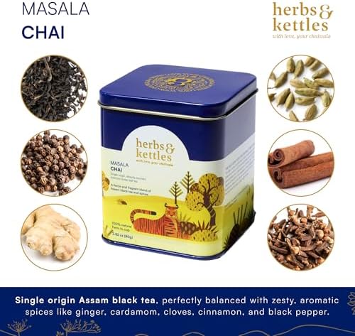 Herbs & Kettles Chai - Masala | Authentic Indian Chai Tea with Assam Black Tea, Ginger, Cardamom, Cinnamon, Cloves & Black Pepper | Loose Leaf | Makes 16-20 Servings | Premium Gourmet Tea Gift