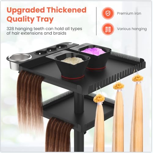 TASALON Professional Hair Extensions Organizer Cart Metal Salon Tray Cart with 2 Magnetic Bowls, Hair Dryer Holder, Adjustable Rolling Base, Black