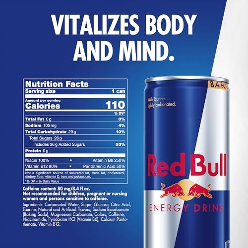 Red Bull Energy Drink with 80mg Caffeine plus Taurine & B Vitamins, 8.4 Fl Oz, 6 Packs of 4 Cans (Pack of 24)