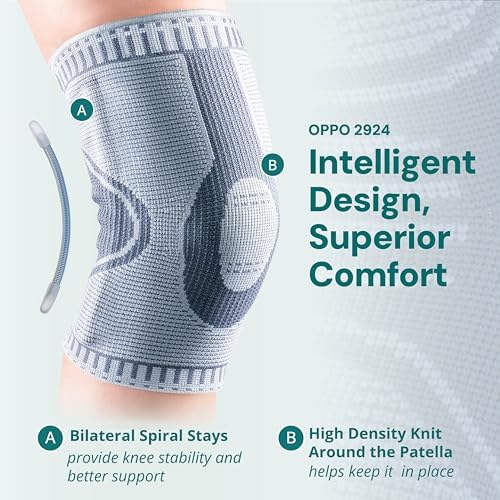 OPPO 2924 Knee Brace Compression Sleeve with Stays - Relieves ACL, MCL, Meniscus Tear, Arthritis, Muscle Strain, Joint Pain Relief - For Running, Daily Use (Gray, X-Large, 1 Pack)