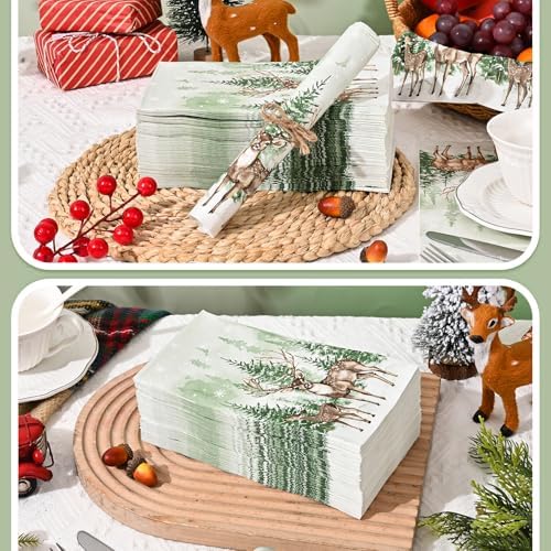 Homlouue 100 PCS Holiday Napkins, 3-Ply " Watercolor Snow & Winter Pine Forest & Deer " Paper Napkins, Christmas Holiday Guest Napkins for Xmas Seasonal Dinner Bathroom Party
