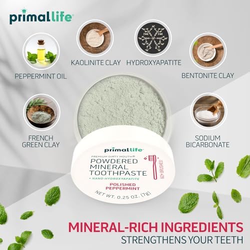 Primal Life Organics - Dirty Mouth Toothpowder, Tooth Cleaning Powder, Flavored Essential Oils with Natural Kaolin & Bentonite Clay, Good for 200+ Brushings, Organic, Vegan (Peppermint, 0.25 oz)