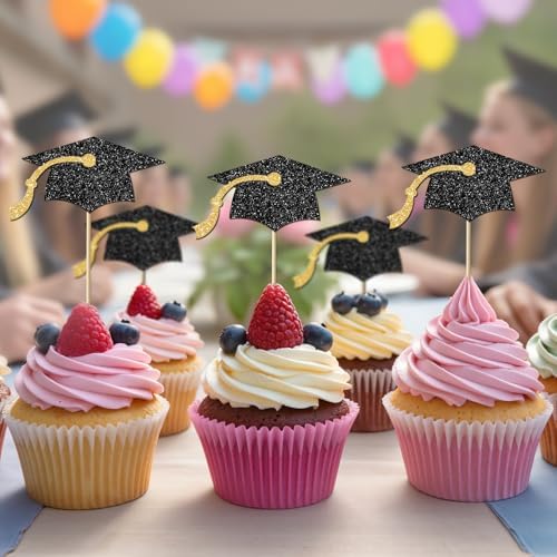 24Pcs Black Gold Glitter Graduation Cap Cupcake Toppers 2026, Grad Cap Cupcake Picks for Class of 2026 Graduation Party Decorations.