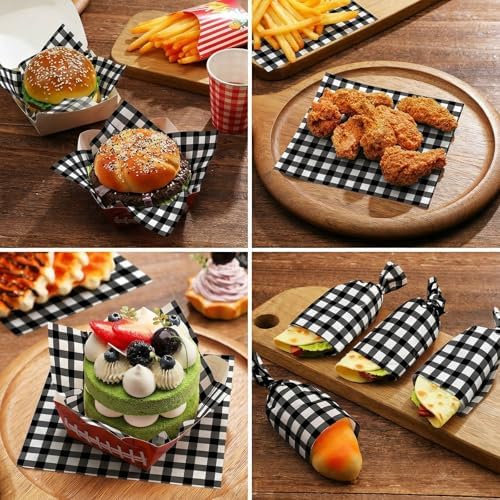 Honeydak 200 Pcs Checkered Wax Paper Sheets 7 x 7 Inch Deli Paper Sheets Food Basket Liners for Sandwich Burger Greaseproof Food Wrapping Outdoor Picnic Disposable Serving (Black and White,Classic)