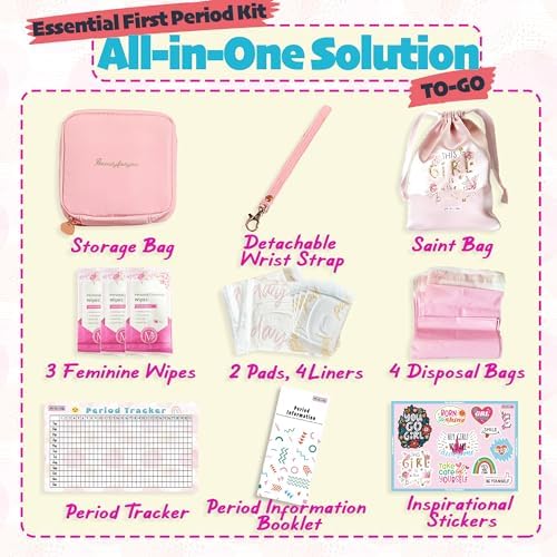 Essential First Period Kit for Girls 10-12 | Period Bags for Teen Girls for School | First Period Gift with Sanitary Pad Storage Bag, Wipes, Period Tracker and More(Pink)