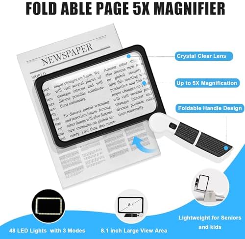 5X Handheld Magnifier for Page Reading - Large Folding Lighted Magnifier with 48 LED Lights (3Modes), Rectangular Handhold Magnify Lens Gifts for Reading Small Prints, Low Vision, Seniors