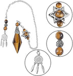TUMBEELLUWA Reiki Healing Crystal Point Pendulum Dowsing Divination, Reiki Meditation Faceted Stone Pendant with Dream Catcher and Merkaba Star Chain, Tiger's Eye