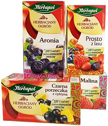 Herbapol Herbal Fruit Infused Tea (Variety Pack) Raspberry, Forest Fruit, Black Currant with Lemon & Aronia Tea Natural Flavor - 20 Silk Tea Bags Each