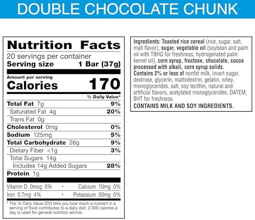 Rice Krispies Treats Marshmallow Snack Bars, Kids Snacks, School Lunch, Double Chocolatey Chunk, 26oz Box (20 Bars)