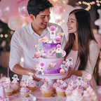 27 PCS Pink Space Cake Toppers Astronaut Figurines Outer Space Astronaut Planet and Rocket DIY Cake Topper for Birthday Party Baby Shower Supplies