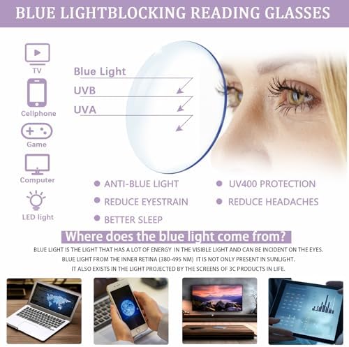 6 Pack Reading Glasses for Women Men, Spring Hinge Eyeglasses Blue Light Blocking Anti Eyestrain Computer Readers