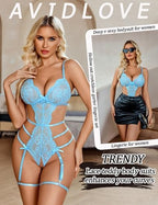Avidlove Women's Deep V Teddy Lingerie Sexy Lace Bodysuit Cut Out Garter Lingerie Sets