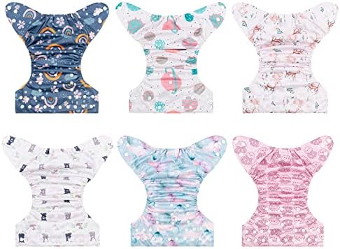 babygoal Reusable Cloth Diapers 6 Pack+6pcs Rayon from Bamboo Inserts+Wet Bag, One Size Adjustable Washable Pocket Nappy Covers for Baby Girls and Boys 6FG38