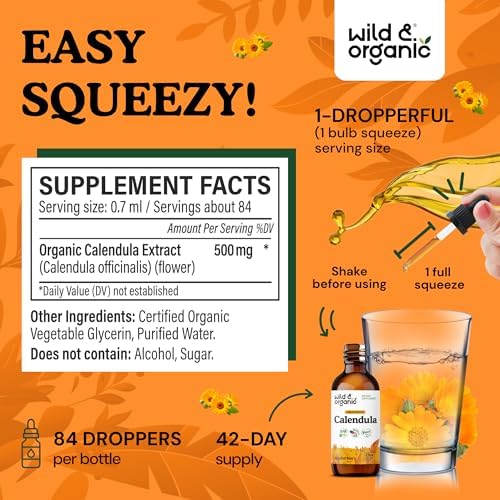 Wild & Organic Calendula Flowers Supplement - Antioxidant, Immune & Skin Support - Add to Tea Liquid Drops - Calendula Tincture - Vegan, Alcohol & Sugar-Free - 2 fl oz