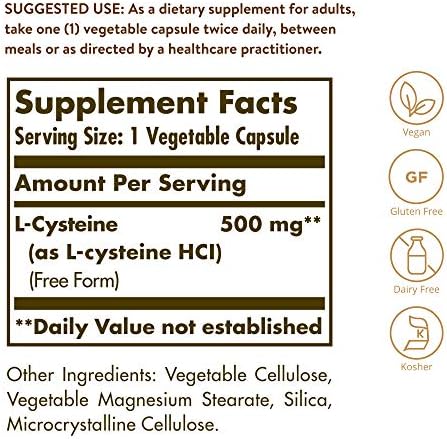 Solgar L-Cysteine 500 mg, 90 Vegetable Capsules - Free Form Amino Acid - Keratin Support for Skin, Hair & Nails - Glutathione Support - Vegan, Gluten Free, Dairy Free, Kosher - 90 Servings
