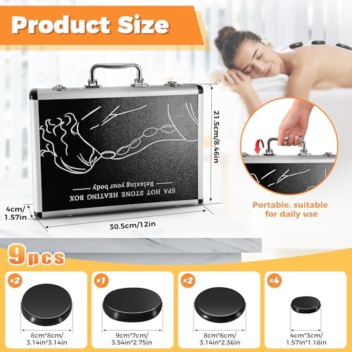 Loyala Hot Stone Massage Set, Portable Hot Stones Massage Warmer Kit with Heating Box, Hot Rocks Basalt Stones with Heater for Home Spa Warming Therapy Relaxing (Black, 9 Pcs)