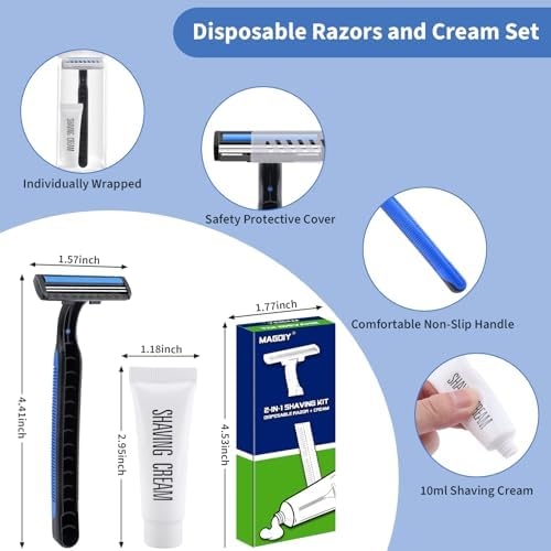 60 Pack Disposable Razors Bulk for Men with Travel Shaving Cream, Homeless Supplies Bulk, Twin Blade Travel Razors and Shaving Cream Kit, Individually Wrapped Toiletries for Hotel Airbnb Church